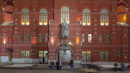 The monument to Marshal Zhukov near the Historical Museum at night timelapse . Moscow, Russia