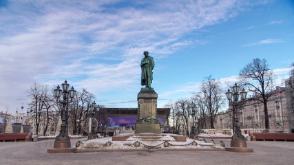 Fototapeta na wymiar Monument to russian poet Alexander Pushkin on Pushkin Square timelapse , Moscow, Russia