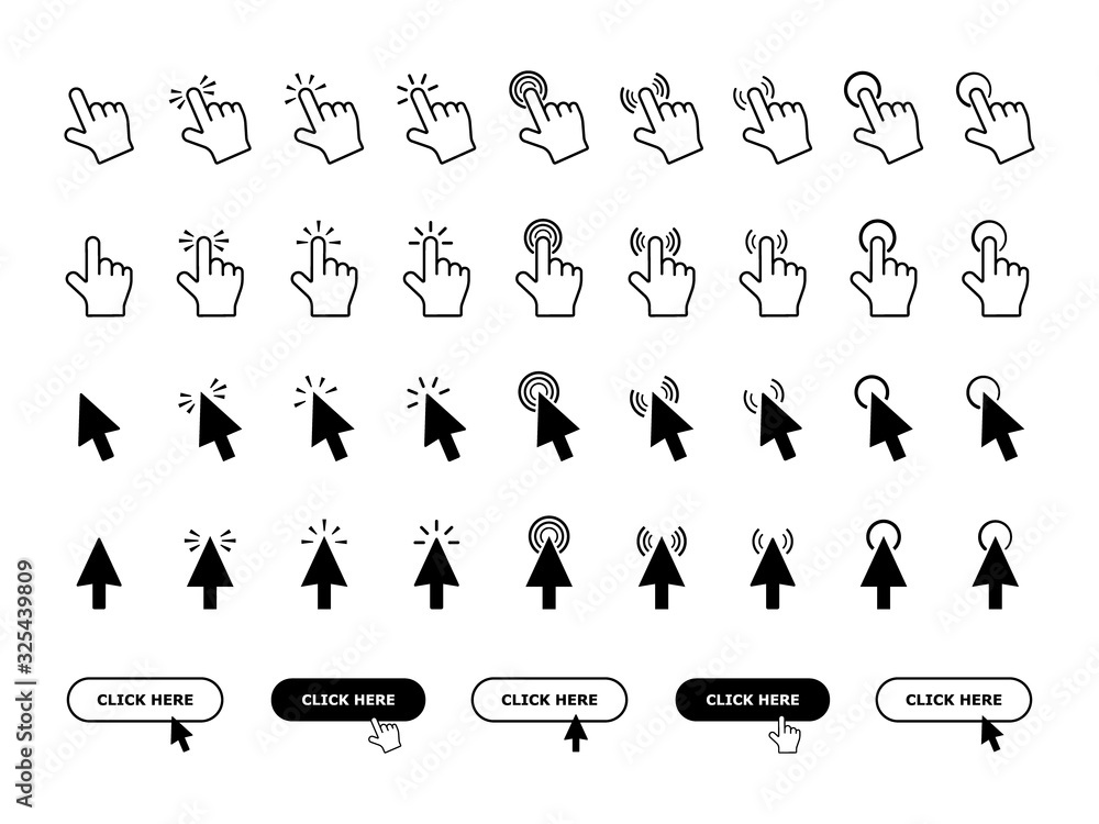 Poster set computer pointer click icon. clicking arrows or hands cursors tools. vector illustration