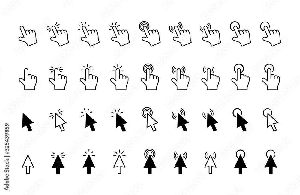 Poster set computer pointer click icon. clicking arrows or hands cursors tools. vector illustration