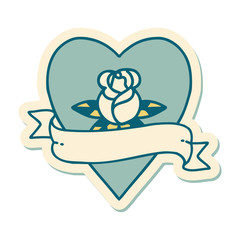 tattoo style sticker of a heart rose and banner