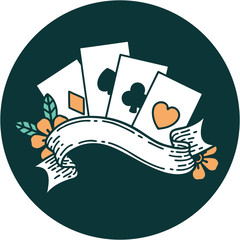 tattoo style icon of cards and banner
