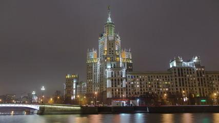 Fototapeta na wymiar Night view of the Kotelnicheskaya Embankment Building in Moscow timelapse, Russia.