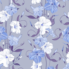 Obraz premium Seamless floral pattern with flowers white and blue petunias and leaves on gray background. Hand drawn. For design, textile, print, wallpapers, wrapping paper. Vector stock illustration.