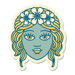 tattoo style sticker of female face with crown of flowers