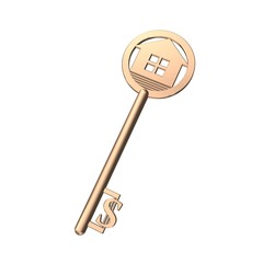 Golden House Key isolated on white background. 3D illustration
