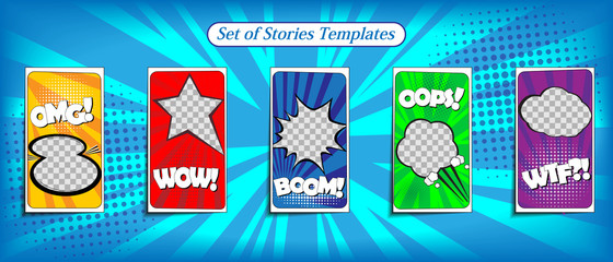 Vector colorful background in pop art retro comic style. Vector trendy editable set of templates for social media networks stories. Modern design backgrounds for flyers, cards, posters.  © DDimaXX