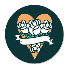 tattoo style sticker of a heart and banner with flowers