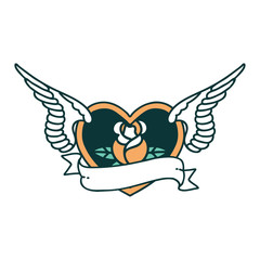 tattoo style icon of a flying heart with flowers and banner