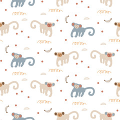 Funny monkeys seamless pattern. Cute apes childish print design vector.
