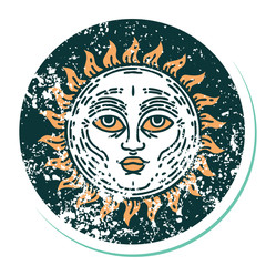 distressed sticker tattoo style icon of a sun with face