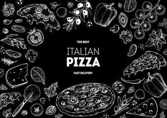 Italian pizza and ingredients. Italian food menu design template. Pizzeria menu design template. Vintage hand drawn sketch vector illustration. Engraved image.