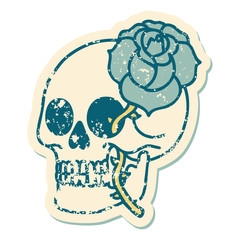 distressed sticker tattoo style icon of a skull and rose