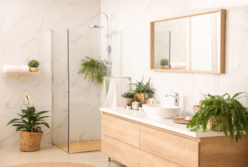 Fototapeta na wymiar Stylish bathroom interior with countertop, shower stall and houseplants. Design idea