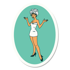 tattoo style sticker of a pinup girl in towels