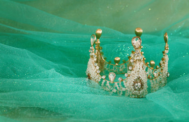 Vintage tulle mint chiffon dress and tiara. Wedding concept.