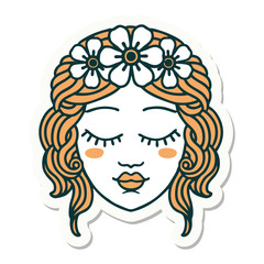 tattoo style sticker of female face with eyes closed