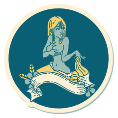 tattoo style sticker of a pinup mermaid with banner