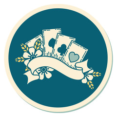 tattoo style sticker of cards and banner