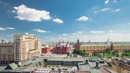 Panorama to Manezh Square, Hotel Moscow, historical Museum and Kremlin timelapse in Moscow, Russia.