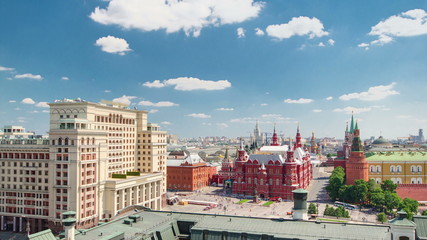 Panorama to Manezh Square, Hotel Moscow, historical Museum and Kremlin timelapse in Moscow, Russia.