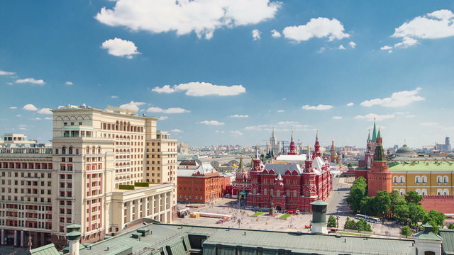 Panorama to Manezh Square, Hotel Moscow, historical Museum and Kremlin timelapse in Moscow, Russia.