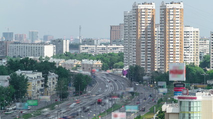 Traffic on the elevated road timelapse overpass on Yaroslavl highway in Moscow