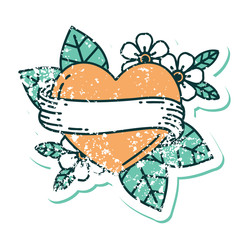 distressed sticker tattoo style icon of a heart and banner
