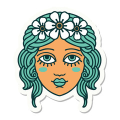 tattoo style sticker of female face with crown of flowers