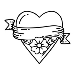 black line tattoo of a heart flower and banner