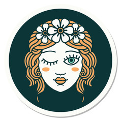 tattoo style sticker of a maidens face winking