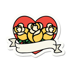 Obraz premium tattoo style sticker of a heart and banner with flowers