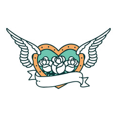 tattoo style icon of a flying heart with flowers and banner