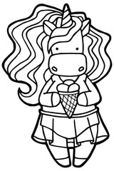 Vector illustration. Hand drawing cartoon unicorn. Unicorn in a tutu with ice cream in hand. Coloring page. Lush curly mane. Isolated on white. Cute character. The original print.