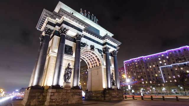 Triumphal arch in Moscow with Christmas illuminations at night timelapse