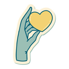 tattoo style sticker of a hand holding a heart