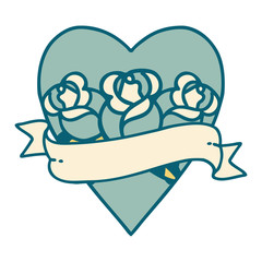 tattoo style icon of a heart and banner with flowers