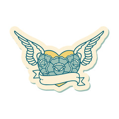 tattoo style sticker of a flying heart with flowers and banner