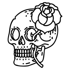 black line tattoo of a skull and rose