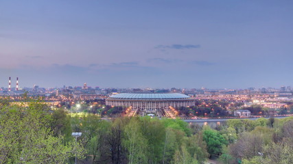 Fototapeta na wymiar Panoramic view of Moscow City, Russia, from Sparrow Hills day to night timelapse