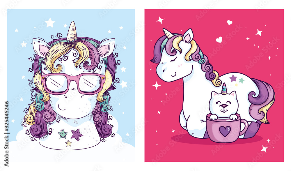 Poster set designs of unicorns and cute icons vector illustration design