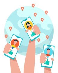 Human Hands Hold Phones with Open Social Network on Screen. People Receiving Likes from Users Situated in any Point of World. Cartoon Planet Earth on Backdrop. Vector Isolated Flat Cartoon