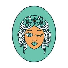 tattoo style icon of a maiden with crown of flowers winking