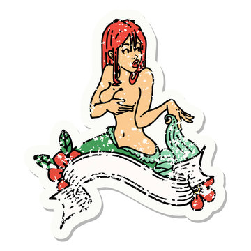 distressed sticker tattoo of a pinup mermaid with banner