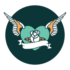 tattoo style icon of a flying heart with flowers and banner