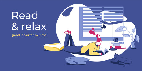Reading girl relax in room vector illustration