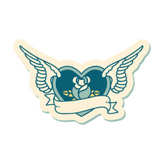 Fototapeta premium tattoo style sticker of a flying heart with flowers and banner