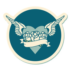 tattoo style sticker of a heart with wings flowers and banner