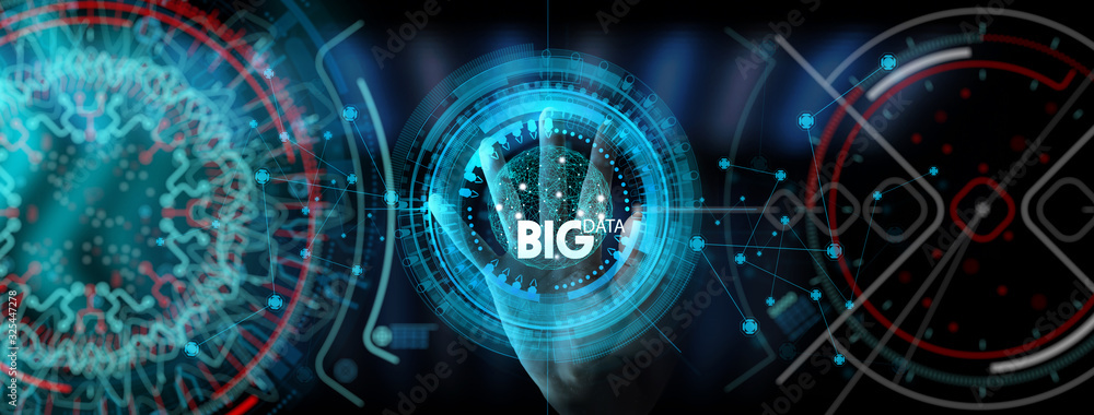 Poster AR and VR concept.Big data world and globe icon ui with hand selecting and pressing Big Data symbol and modern interface.