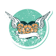 distressed sticker tattoo style icon of a flying heart with flowers and banner